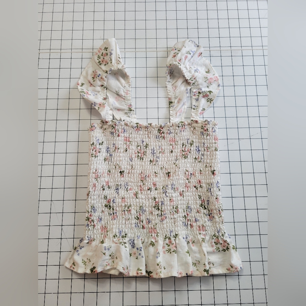 Reformation White Floral Linen Shirred Tank Top Junebug Smocked Top